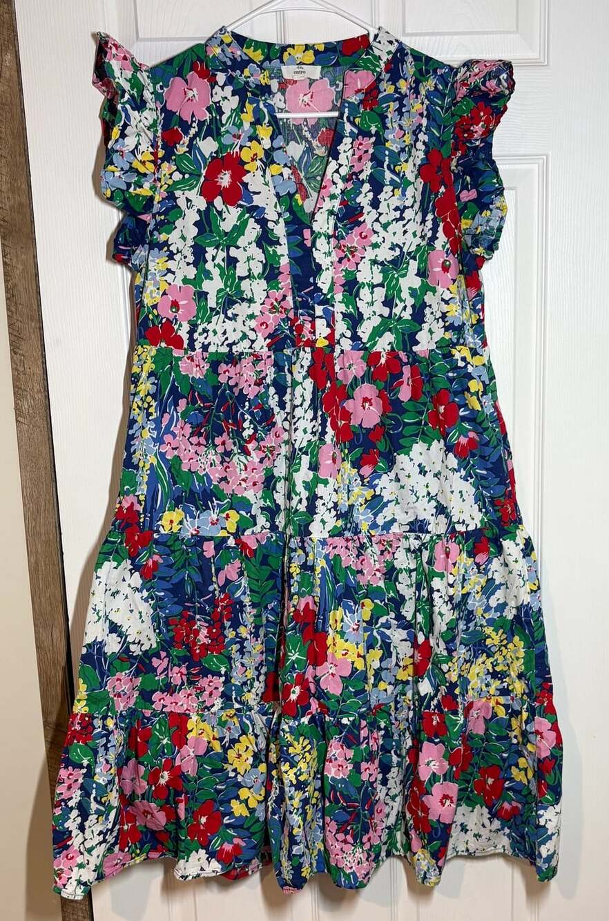 Entro Floral Print V-Neck Ruffle Sleeve Tiered Dress Multi colored Sz Large